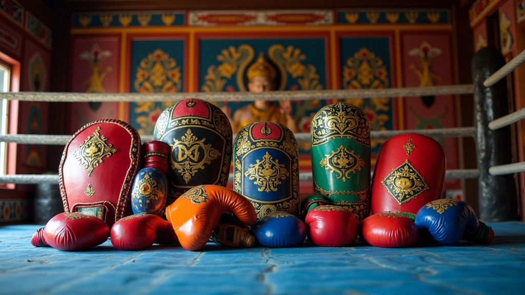 A colorful photo of traditional Muay Thai kick shields and gloves resting on a gym mat, with a background of decorative Thai art and boxing ring ropes.