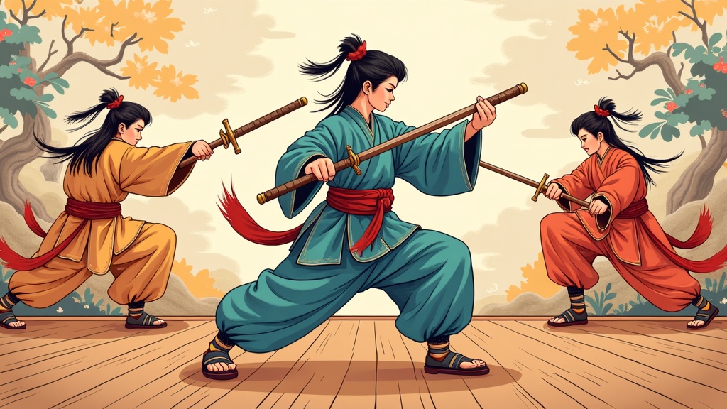 A vibrant illustration of traditional Kung Fu weapons, uniforms, and animal motifs on wooden floors.