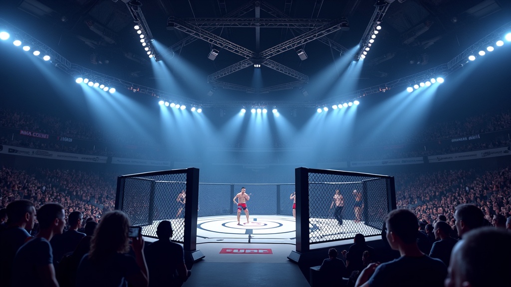 An illustrated concept of a sports arena with bright lighting and dynamic movement, symbolizing the modern competitive environment of MMA.