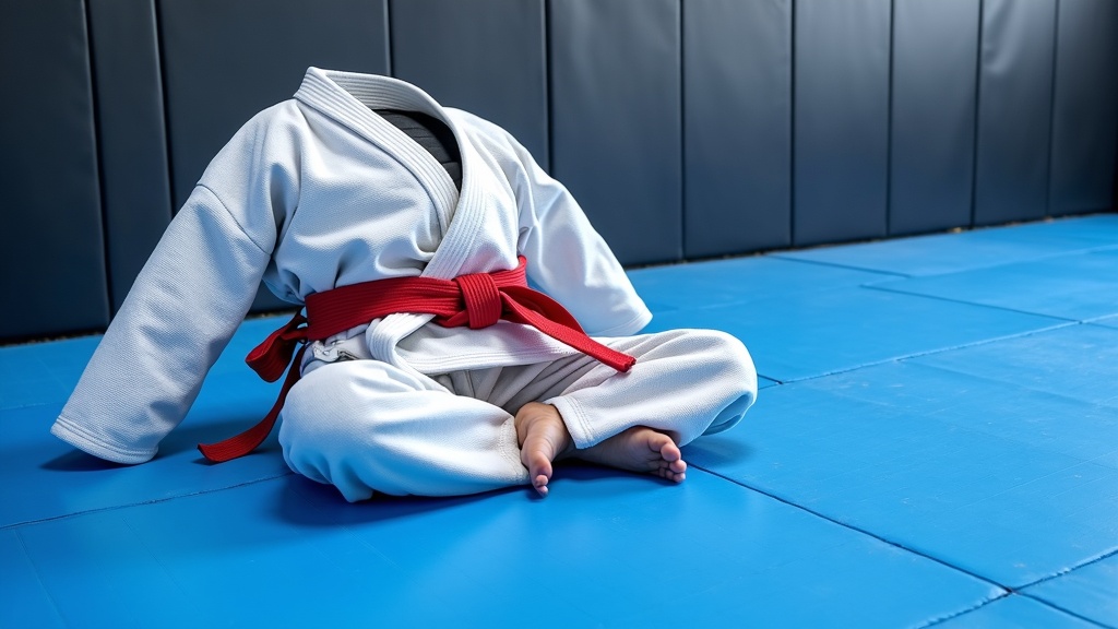 Brazilian Jiu-Jitsu mat, training setting, blue mats, gi uniforms piled, colorful belts, no people