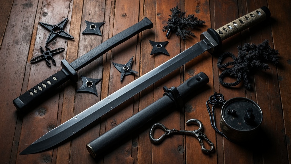 Collection of classic ninja weapons and tools laid out on a dark wooden table