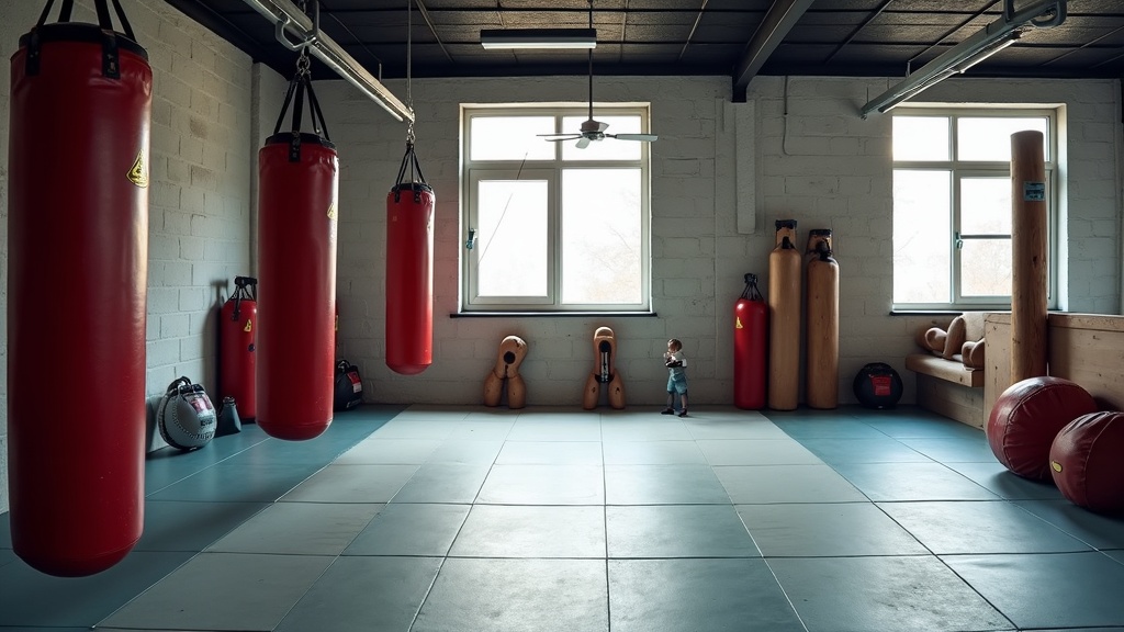Martial arts dojo with equipment like gloves, punching bags, and mats. Bright lighting and neat storage, filled with energy but no people in sight.