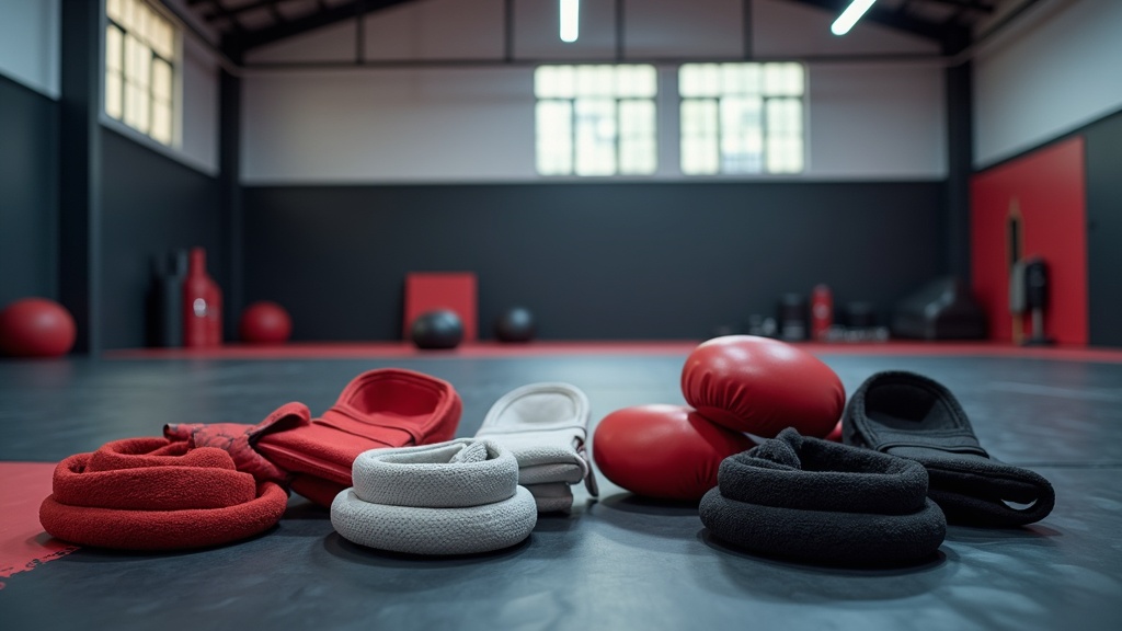 Martial arts gear such as gloves, belts, and mats in a training space
